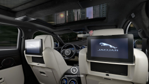Auto Stahl Jaguar XJ Innenansicht beiges Leder Bildschirme