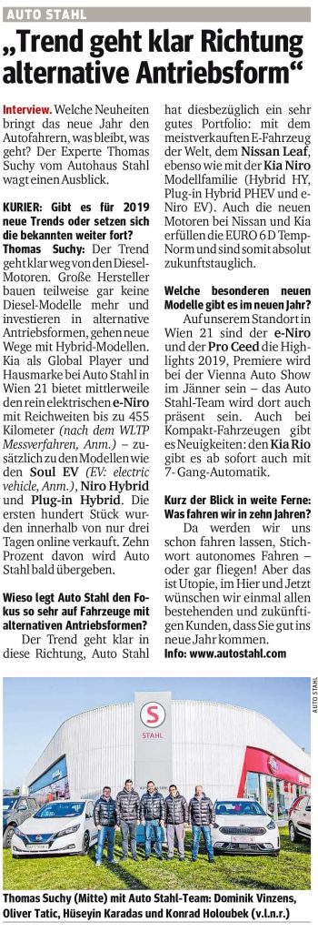 Presseartikel, Auto Stahl Artikel Kurier am 13.12.2018, Trend geht klar Richtung alternative Antriebsform