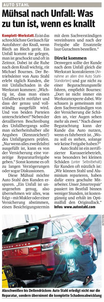 Presseartikel, Auto Stahl Artikel Kurier am 15.11.2018, Mühsal nach Unfall: Was zu tun ist, wenn es knallt.