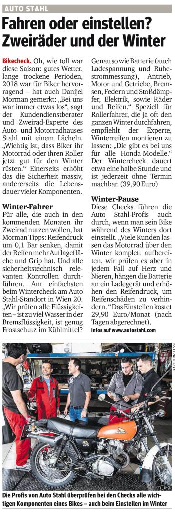 Presseartikel, Auto Stahl Artikel Kurier am 25.10.2018, Fahren oder einstellen? Zweiräder und der Winter