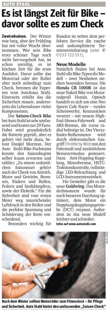 Presseartikel, Auto Stahl Artikel Kurier am 26.04.2018, Es ist längst Zeit für Bike – davor sollte es zum Check