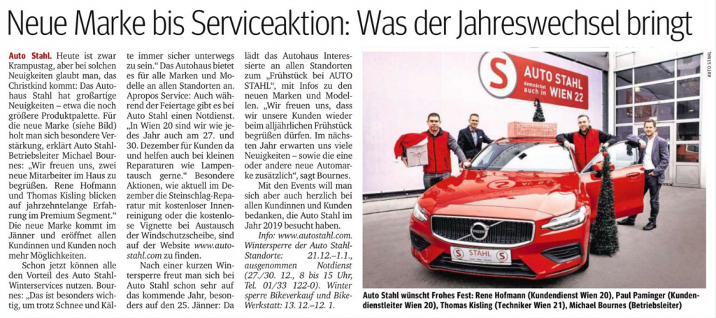 Presseartikel Auto Stahl im Kurier am 05.12.2019: Was der Jahreswechsel bringt