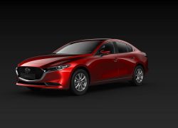 Mazda3 Sedan bei Auto Stahl schräge Heckansicht Modellfarbe rot