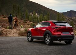 Mazda CX-30 bei Auto stahl schräge Heckansicht, Natur, Modellfarbe rot