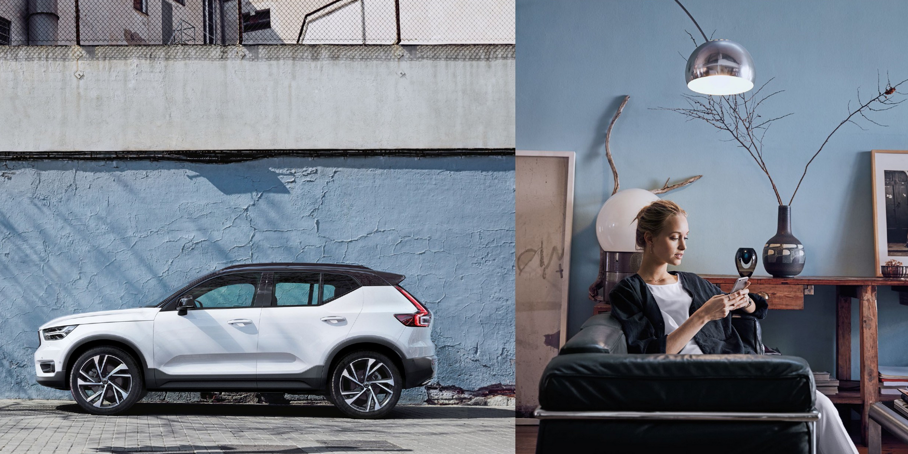 Volvo XC40, urbane Umgebung, Modellfarbe weiß mit junger Frau