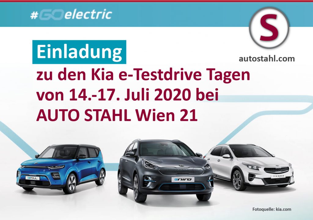 Kia e-testdrive tage bei AUTO STAHL WIen 21 vom 14. bis 17. Juli 2020