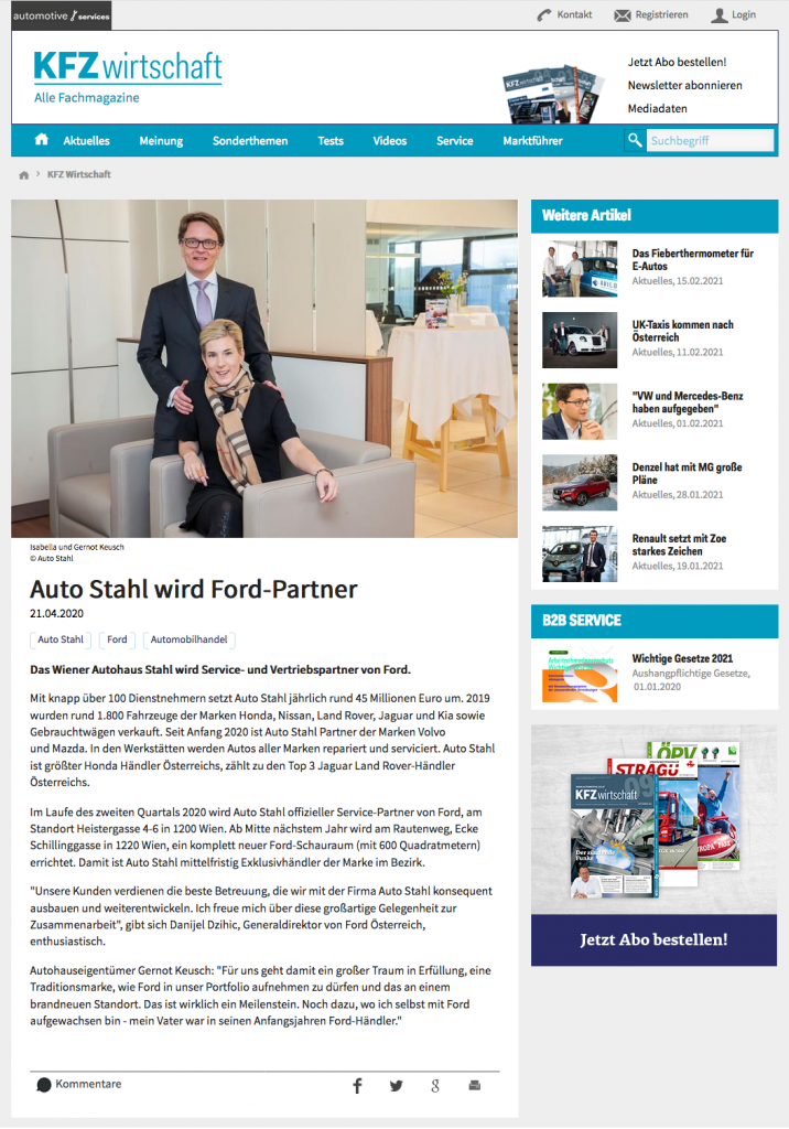 Auto Stahl wird Ford-Partner – Presseartikel com 21.4.2020 Online auf KFZ WIrtschaft