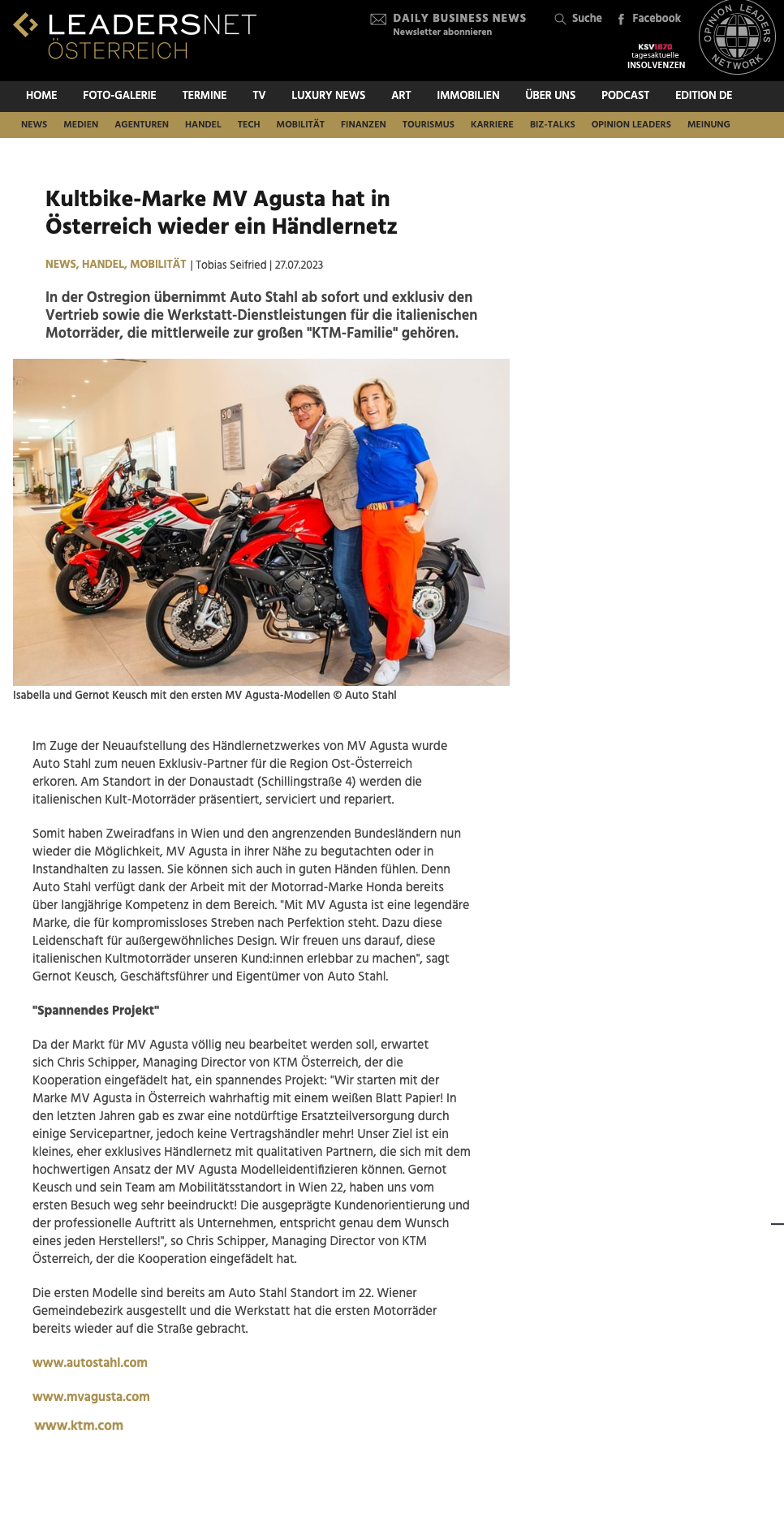 Kultbike-Marke MV Agusta hat in Österreich wieder ein Händlernetz