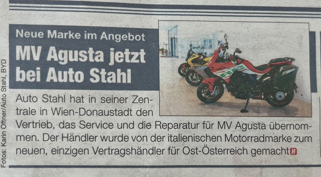 PR Italo Kultmarke MV Agusta landet in Wien – Artikel im Kurier Auto Motor vom 20230727