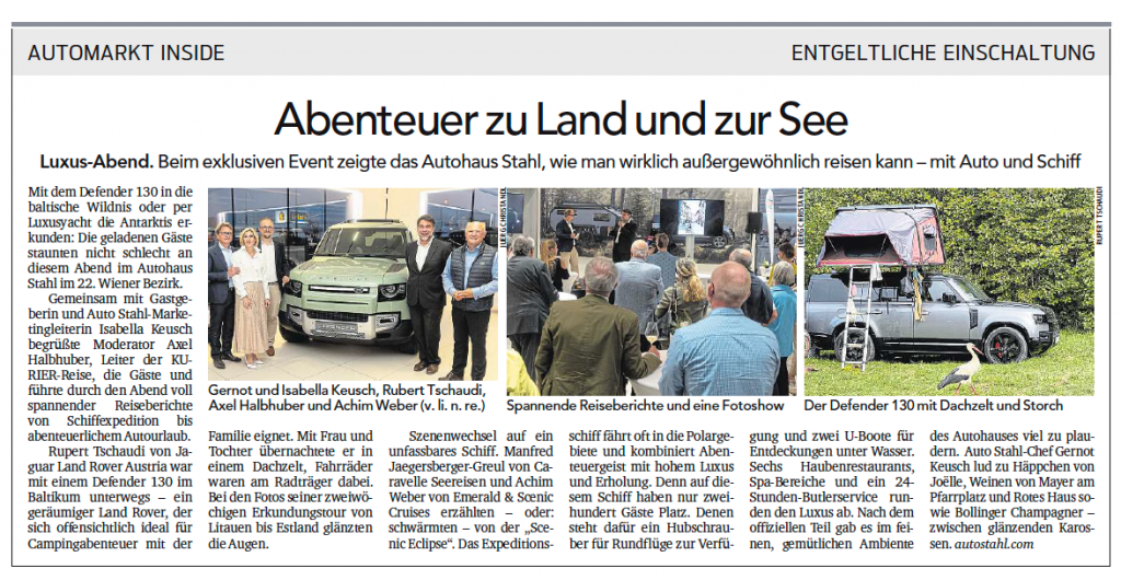 PR Beitrag Abenteuer zu Land und zur See – Kurier Automarkt Inside erschienen am 22.10.2023