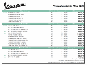 Vespa Preisliste Stand März 2025