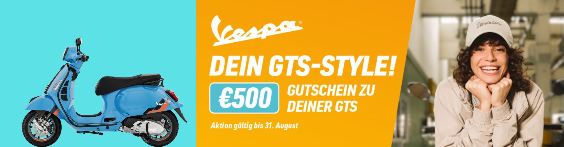 Vespa Headerbild Sommerbonus GTS 500 Euro gültig bis 31.8.2025